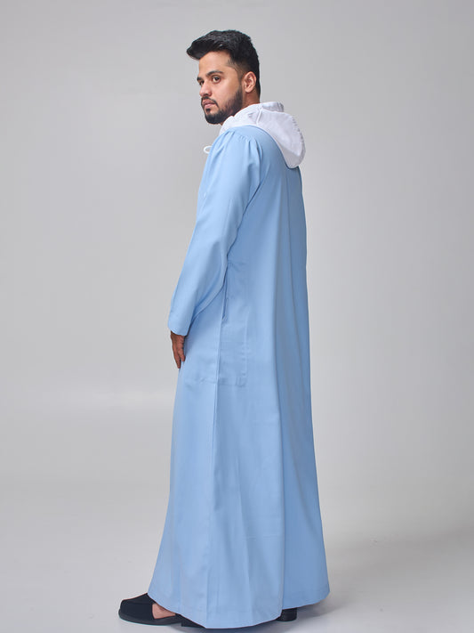 Men's Sky Blue Arabic Thobe with Contrast Hood