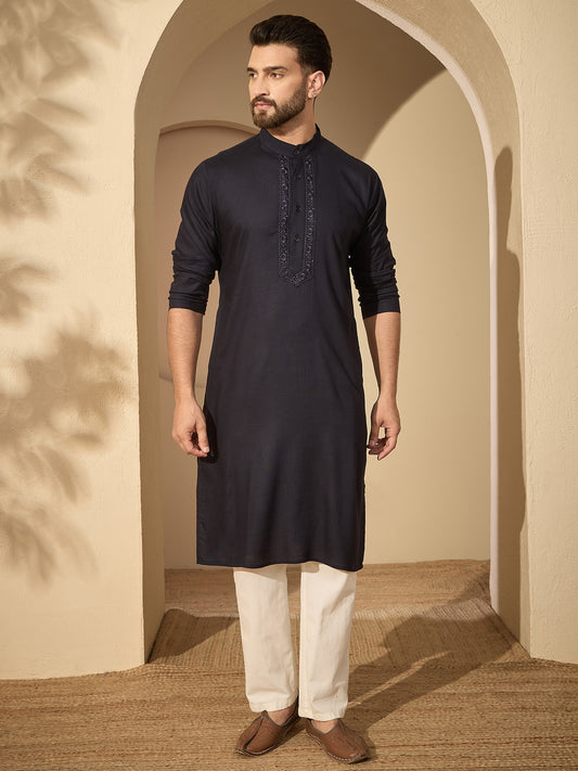 Men’s Embroidered Navy Blue Cotton Linen Kurta Pajama Set