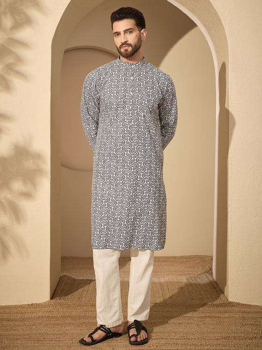 Pure Cotton Printed Kurta with White Pajama for Men– Festive Wear Set