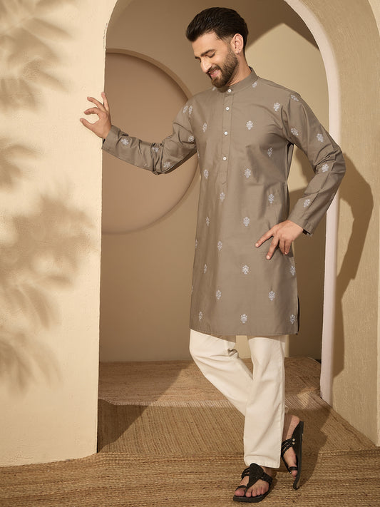 Men’s Embroidered Cotton Grey Kurta with White Pajama Set