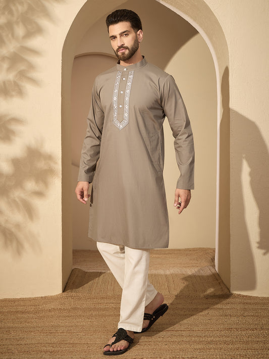 Men’s Embroidered Grey Cotton Kurta Pajama Set
