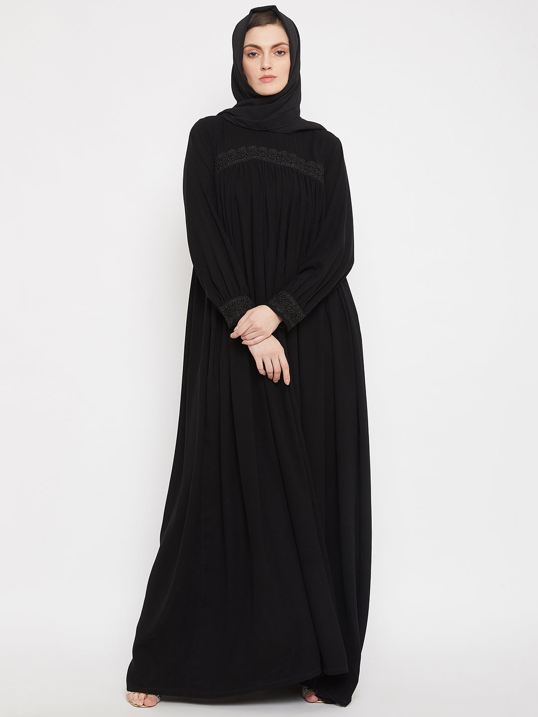 Nabia Women Black Lace Maxi Abaya Dress with Georgette Scarf Nabia Women Black Lace Maxi Abaya Dress with Georgette Scarf