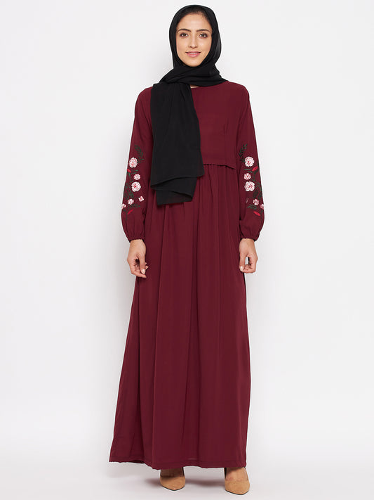 Nabia Maroon Chikan Hand Embroidery Abaya with Georgette Scarf