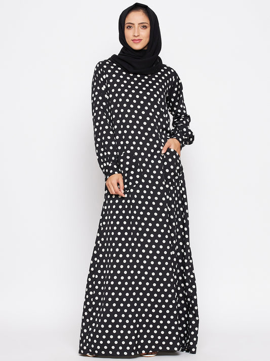 Nabia Women Black Polka Crepe Abaya Dress With Georgette Scarf
