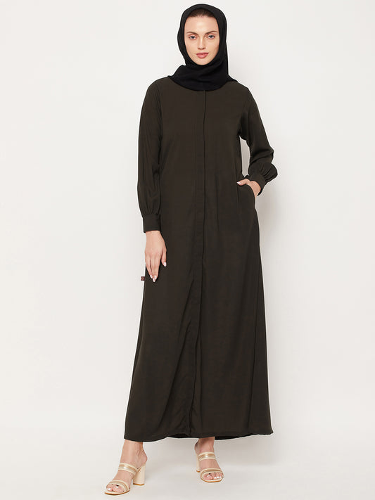Nabia Olive Green Front Open Abaya with Georgette Scarf