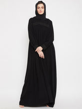 Nabia Women Black Solid Lace Maxi Abaya Dress With Georgette Scarf