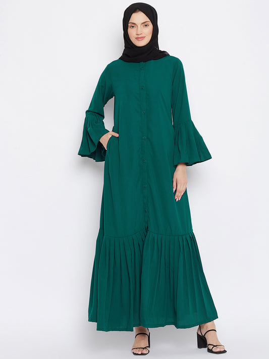 Nabia Women Bottle Green Solid Nida Plated Front Open Abaya With Georgette Scarf