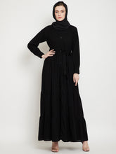 Nabia Women Black Solid Front Open Three Frilled Abaya  With Georgette Scarf