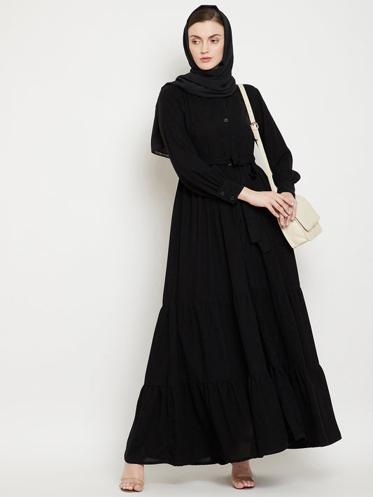 Nabia Women Black Solid Front Open Three Frilled Abaya With Georgette Scarf