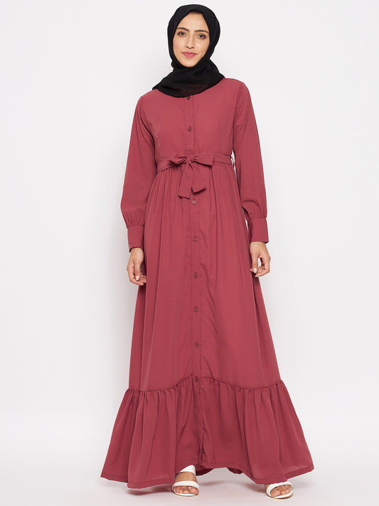 Nabia Women Rust Front Open Nida Matte Abaya With Georgette Scarf
