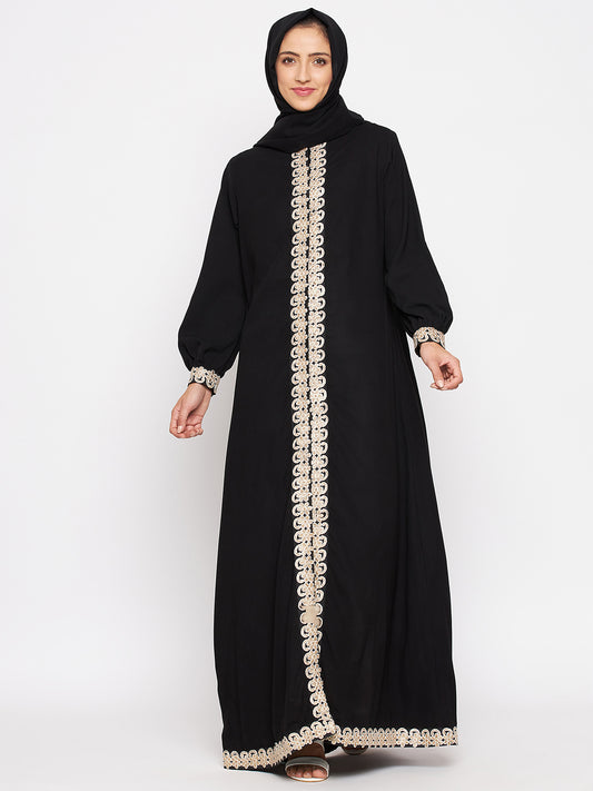 Nabia Women Black Embroidery Nida Matte Abaya With Georgette Scarf