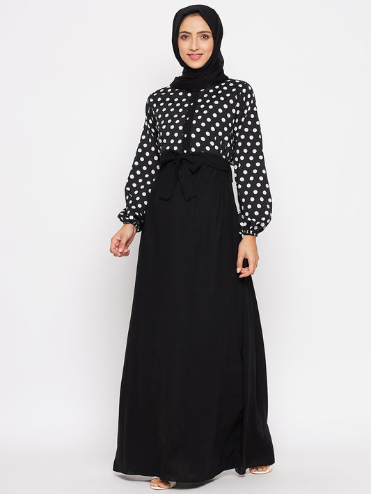 Nabia Women Black & White Polka Dot Printed Abaya With Georgette Scarf