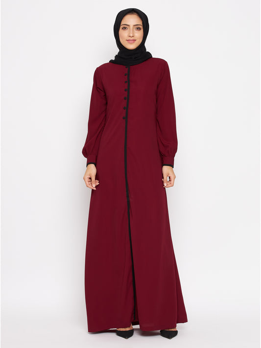 Nabia Women Maroon Piping Design Abaya/Burqa With Georgette Scarf