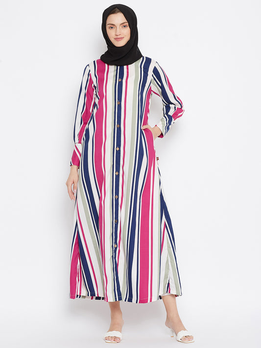 Nabia Women Pink Front Open Striped Abaya with Georgette Scarf