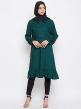 Nabia Women Bottle Green Tie-up neck Rayon Fabric Tunic Abaya with Georgette Scarf