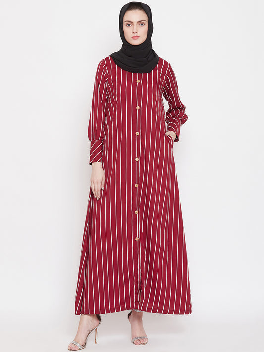 Nabia Women Maroon Front Open Striped Abaya with Georgette Scarf