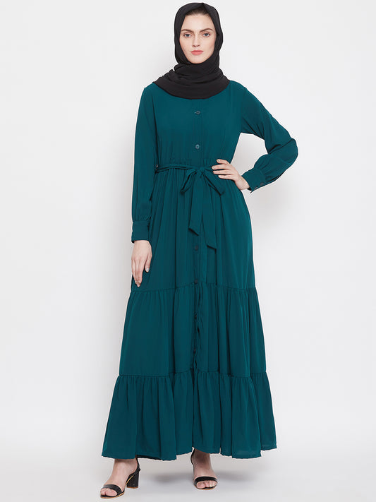 Nabia Women Bottle Green Solid Front Open Three Frilled Abaya With Georgette Scarf