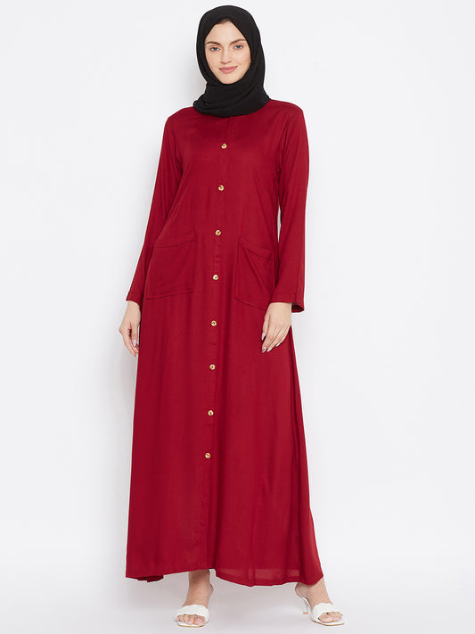 Nabia Women Maroon Rayon Front Open Abaya with Georgette Scarf