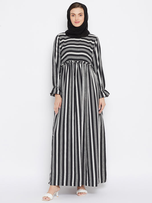 Nabia Women Black Solid Stripe Crepe Abaya Dress With Georgette Scarf