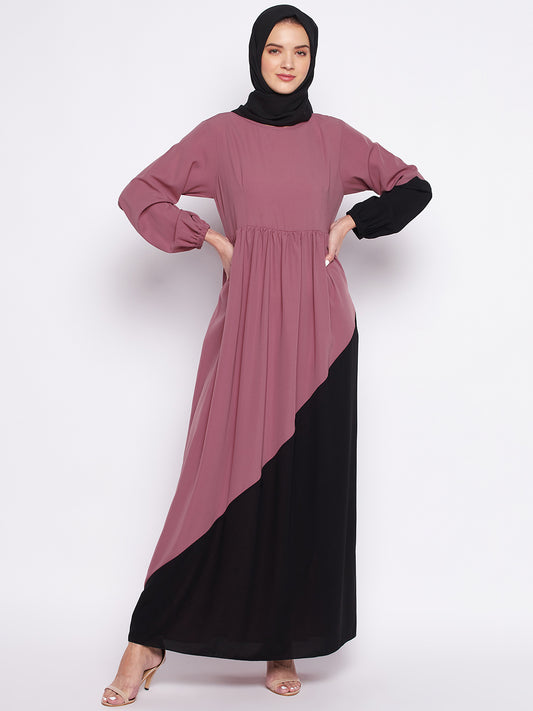 Nabia Puce Pink & Black Abaya for Women with Georgette Scarf