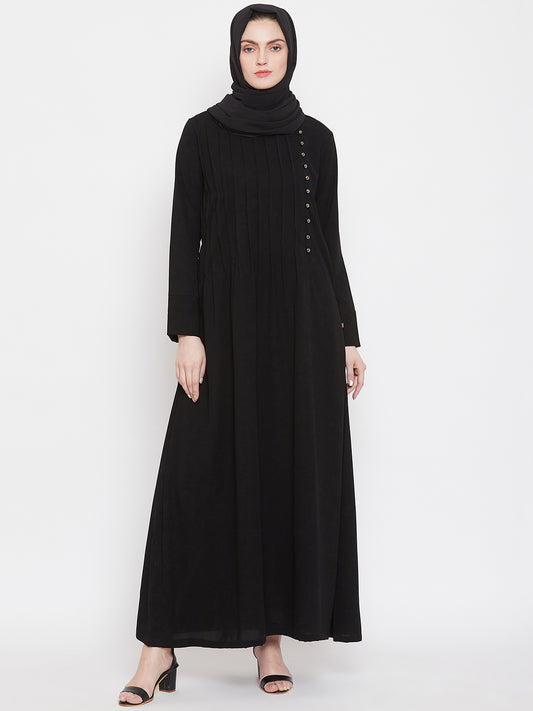 Nabia Women Black Solid Side Plate Abaya Dress With Georgette Scarf