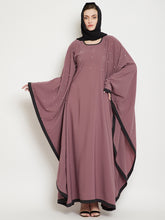 Nabia Women Fuse Pink Solid Kaftan Abaya Enhanced Pearl Design With Georgette Scarf