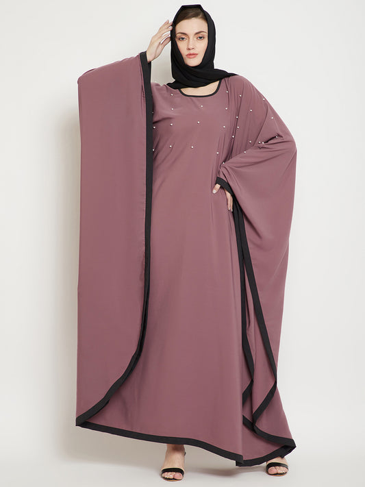 Nabia Women Fuse Pink Solid Kaftan Abaya Enhanced Pearl Design With Georgette Scarf