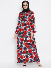 Nabia Red & Black Printed Abaya with Georgette Scarf