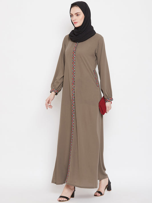 Nabia Women Oat Chikan Hand Embroidery Abaya with Georgette Scarf