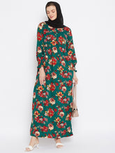 Nabia Women Bottle Green Floral Printed Crepe Abaya Dress With Georgette Scarf