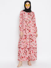 Nabia Women Pink Floral Printed Crepe Three Frill Abaya Dress With Georgette Scarf
