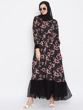 Nabia Women Black Floral Printed Crepe Frill Abaya Dress With Georgette Scarf
