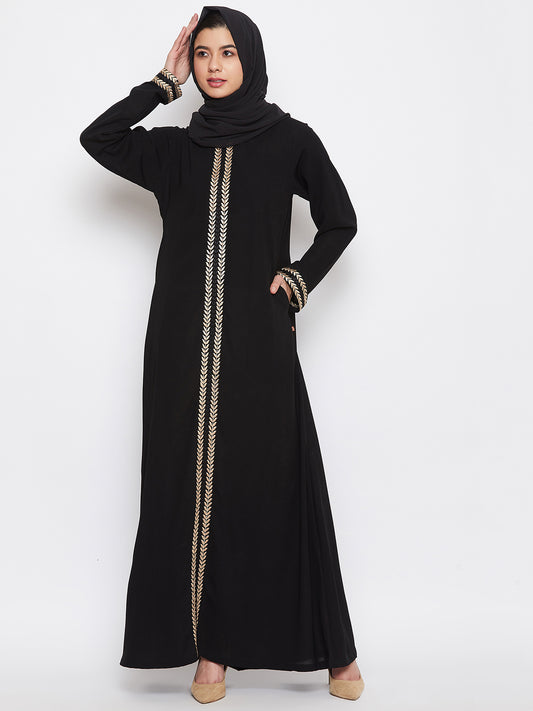 Nabia Women Black Embroidery Nida Matte Fabric Abaya With Georgette Scarf