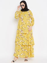 Nabia Yellow Printed Crepe Frill Abaya Dress With Georgette Scarf