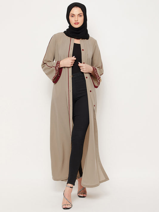 Nabia Beige Front Open Embroidery Work Women Abaya with Georgette Scarf