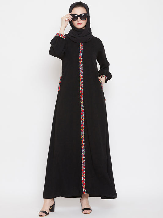 Nabia Women Black Chikan Hand Embroidery Nida Matte Fabric Abaya with Georgette Scarf