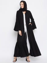 Nabia Women Black Solid Nida Plated Front Open Abaya With Georgette Scarf