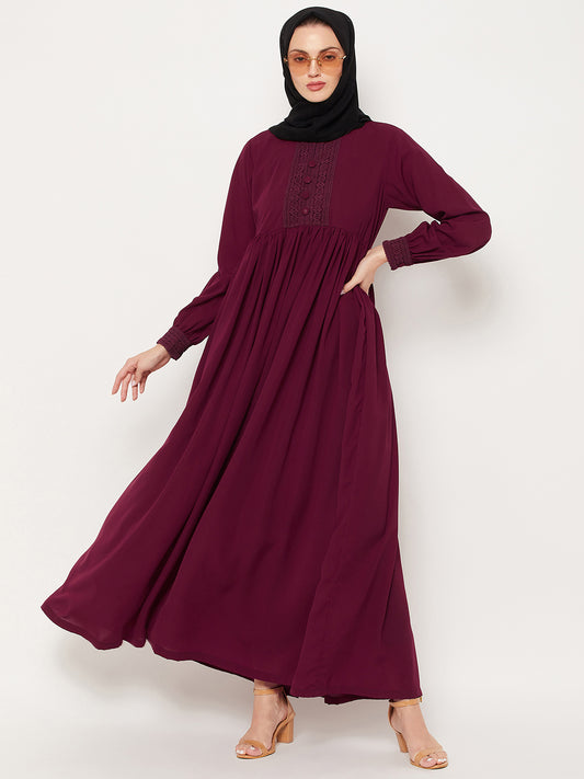 Clearance: Maroon Lace Work Abaya with Georgette Scarf