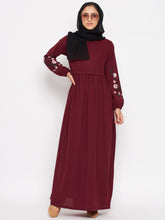 Nabia Maroon Chikan Hand Embroidery Abaya with Georgette Scarf