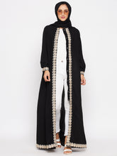 Nabia Women Black Embroidery Nida Matte Abaya With Georgette Scarf