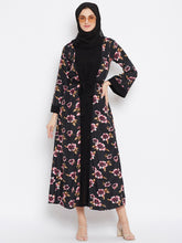 Nabia Women Black Floral Printed Shrug Attached Casual Abaya With Georgette Scarf