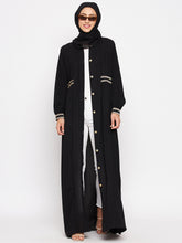 Nabia Women Black Embroidery Nida Matte Long Sleeves Abaya With Georgette Scarf