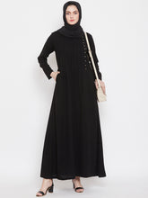 Nabia Women Black Solid Side Plate Abaya Dress With Georgette Scarf