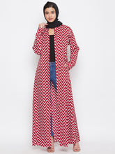 Nabia Women Red & White Printed Front Open Abaya Dress with Georgette Scarf