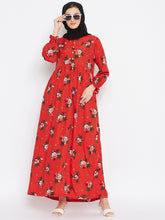 Nabia Red Printed Crepe Abaya Dress With Georgette Scarf