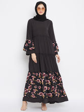 Nabia Women Black Solid & Floral Printed Nida Matte Frill Abaya With Georgette Scarf