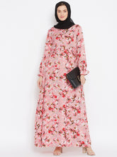 Nabia Pink Floral Printed Abaya Dress With Georgette Scarf
