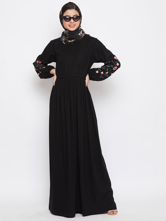 Nabia Women Black Chikan Hand Embroidery Design Abaya With Georgette Scarf