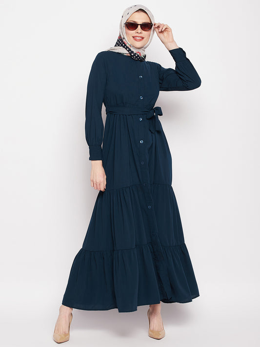 Clearance: Nabia Women Teal Solid Frill Abaya Burqa with Black Georgette Scarf