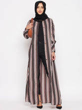 Nabia Brown Front Open Striped Abaya with Georgette Scarf
